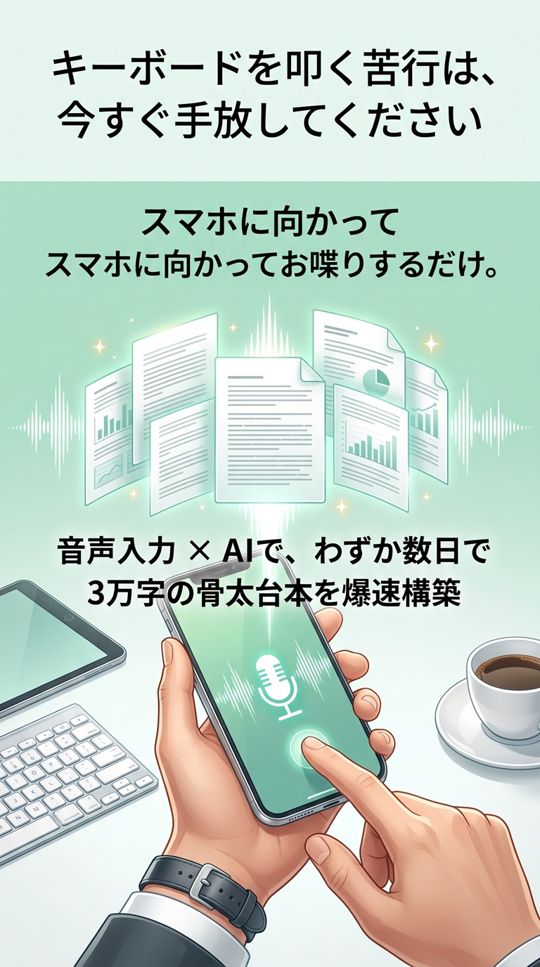 キーボードを叩く苦行は、今すぐ手放してください。スマホに向かってお喋りするだけ。音声入力×AIで、わずか数日で3万字の骨太台本を爆速構築