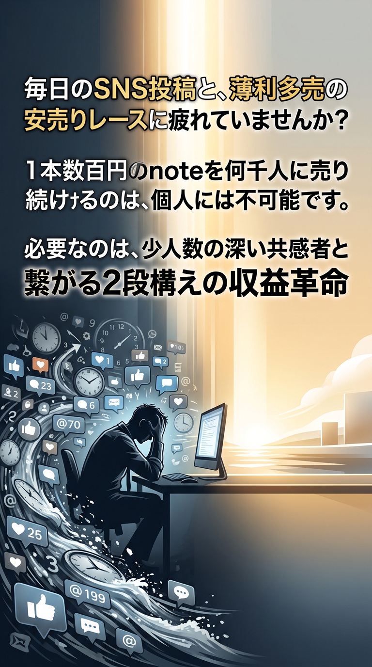 毎日のSNS投稿と、薄利多売の安売りレースに疲れていませんか？1本数百円のnoteを何千人に売り続けるのは、個人には不可能です。必要なのは、少人数の深い共感者と繋がる2段構えの収益革命