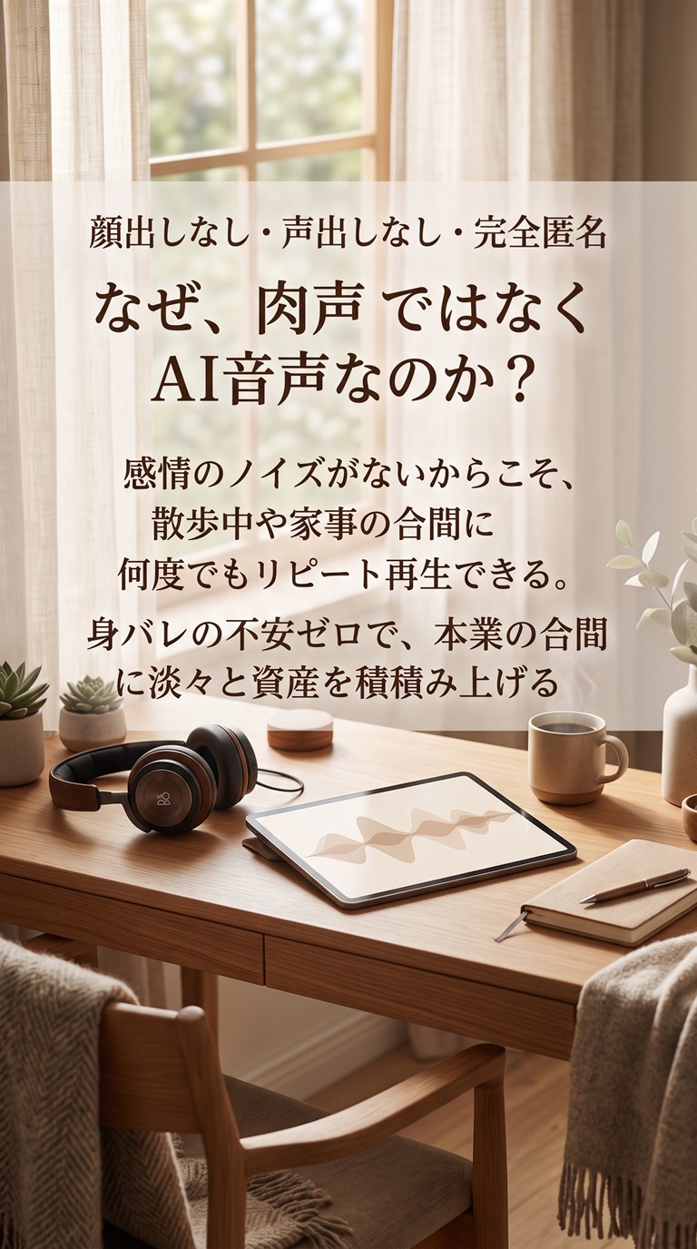 顔出しなし・声出しなし・完全匿名 なぜ、肉声ではなくAI音声なのか？感情のノイズがないからこそ、散歩中や家事の合間に何度でもリピート再生できる。身バレの不安ゼロで、本業の合間に淡々と資産を積み上げる